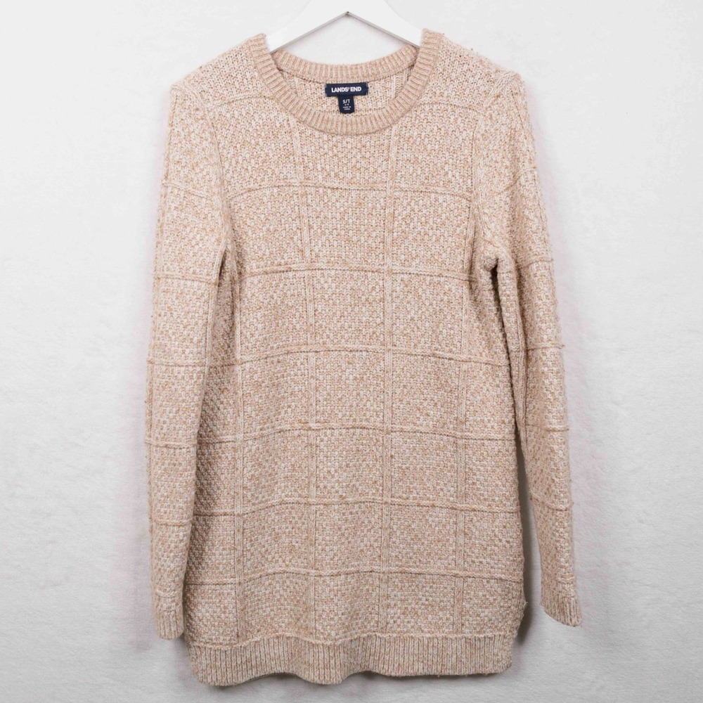 LANDS END Windowpane Grid Textured Tunic Sweater Cotton‎ Pullover Sz ST Tall